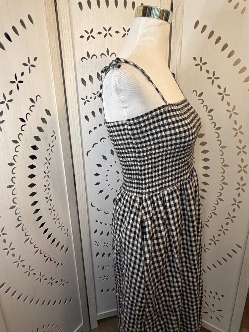 100% Cotton Black & White Gingham Tie-Shoulder Maxi Dress - Picture 5 of 12
